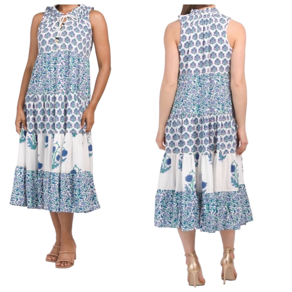 🎟️Chelsea & Theodore Blue and White Printed Tiered Maxi Dress size 1X GUC..
